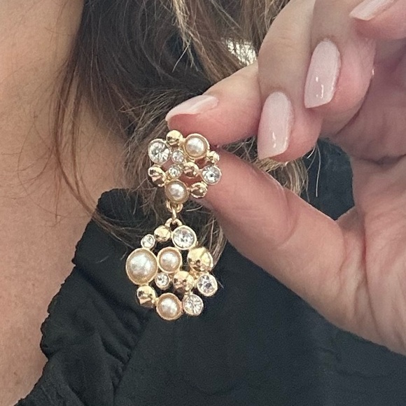 Mob Wife Glam Glitzy Romantic Feminine Gold, Crystal & Pearl Earrings. - Picture 8 of 8